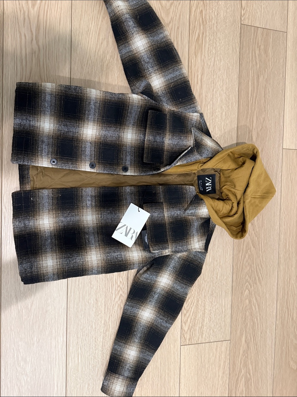 Zara Kids Plaid Pea Coat with Mustard Hood